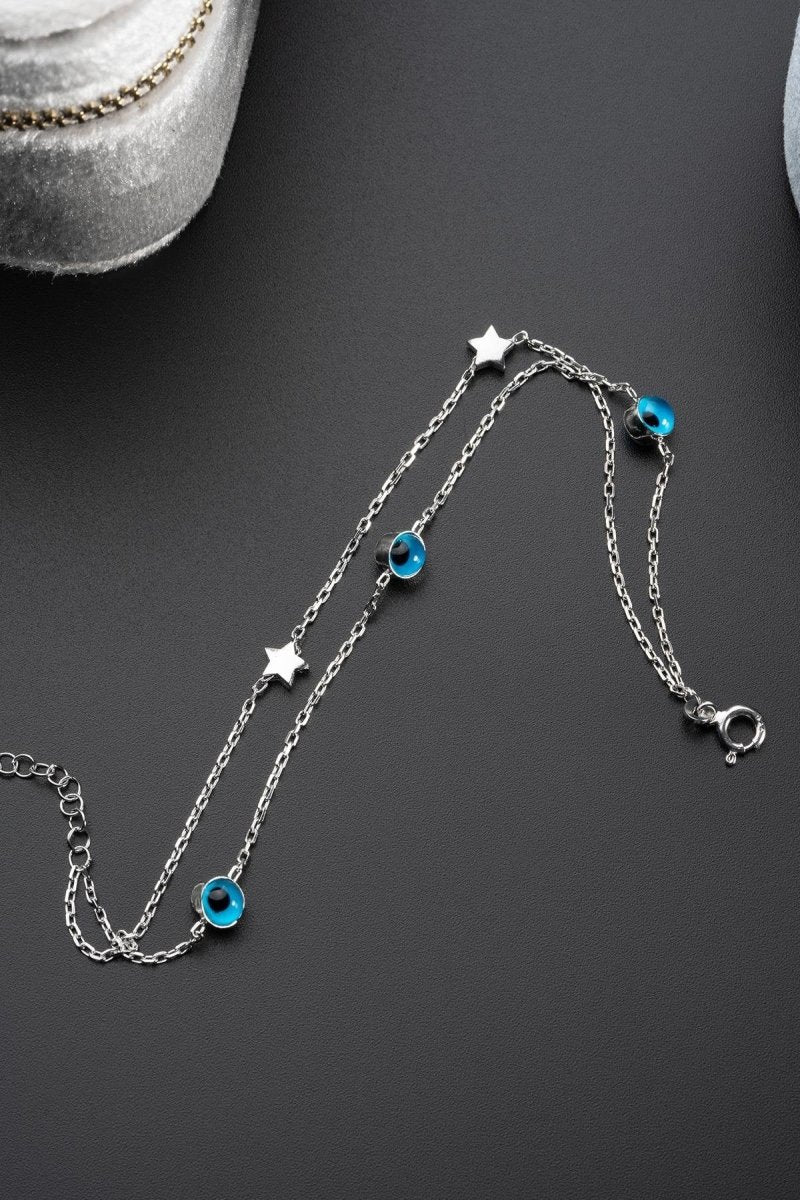 Nereze | Double Chain Rhodium Plated Star Nazar Evil Eye Bracelet - TryAladdin