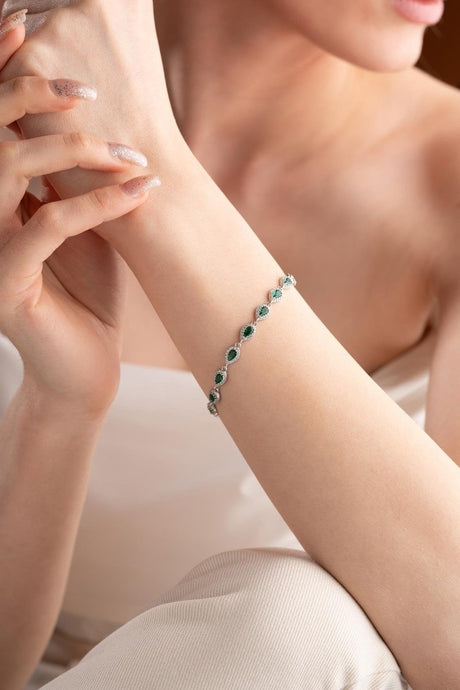 Nereze | Rhodium Plated Green Drop Zirconia Stone Bracelet - TryAladdin