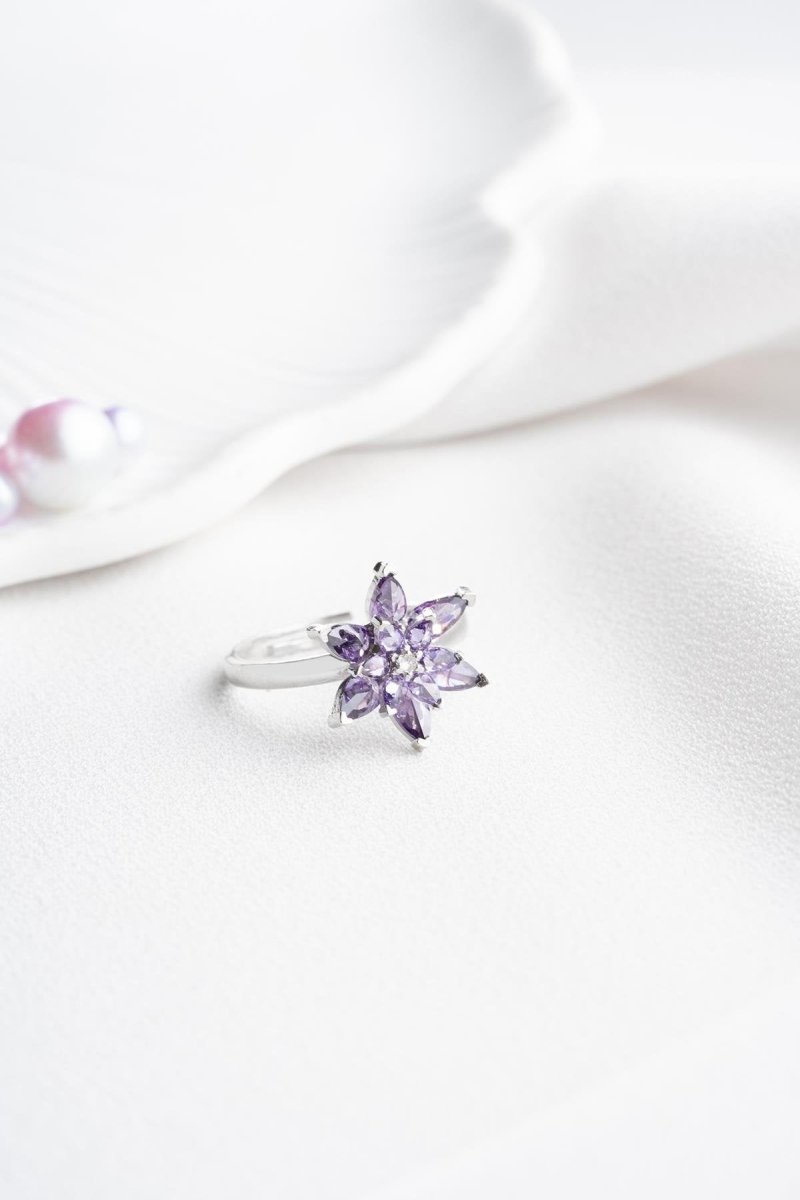 Nereze | Rhodium Purple Stone Lotus Flower Adjustable Size Ring - TryAladdin