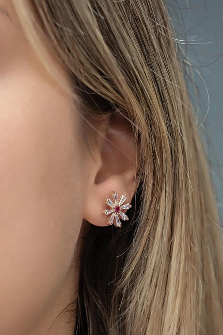 Nereze | Rose Plated Baguette Stone Wildflower Earrings - TryAladdin