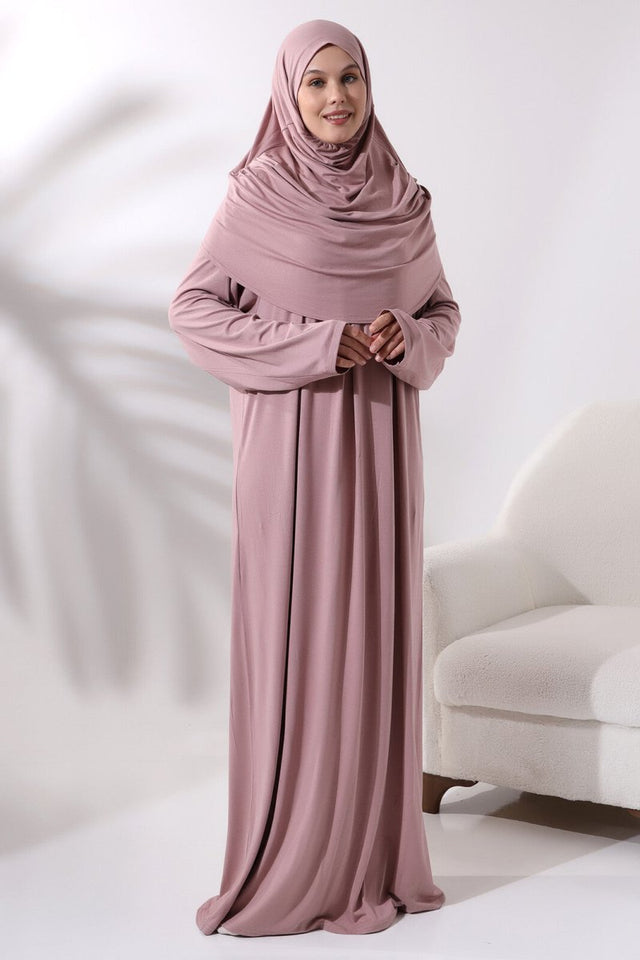 One Piece Practical Prayer Dress with Headscarf and Robe 8015 Powder - TryAladdin