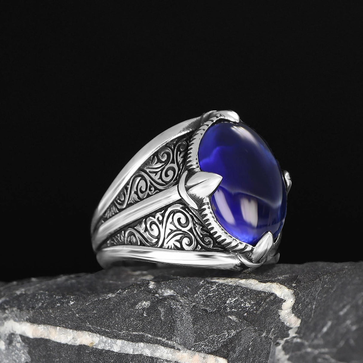 Tesbihevim | Men's Silver Ring with Parliament Blue Stones - TryAladdin