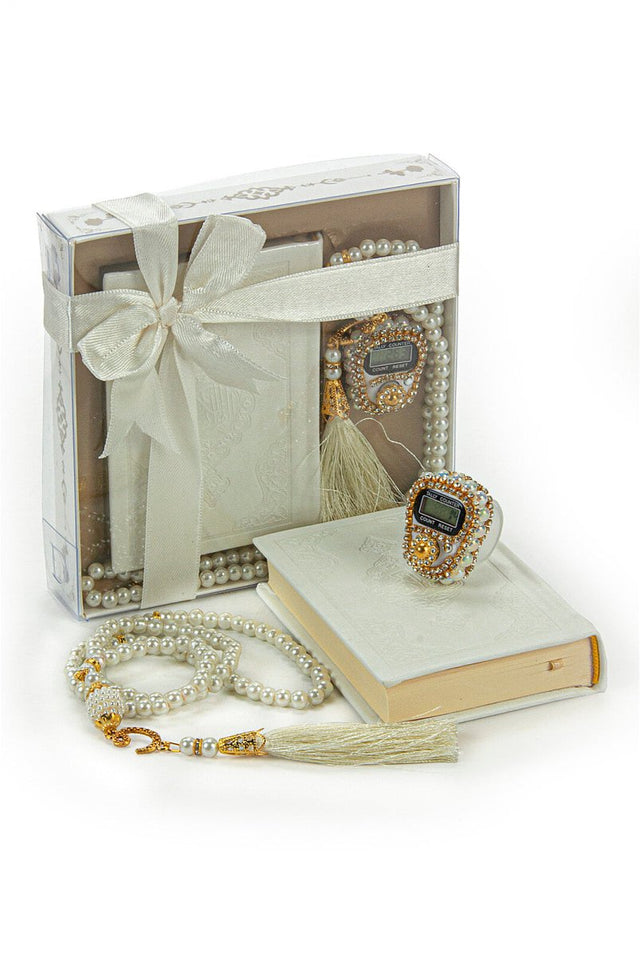 Pearl Tasbih and White Quran in Medina Fonts Gift Set Religious Gift - TryAladdin