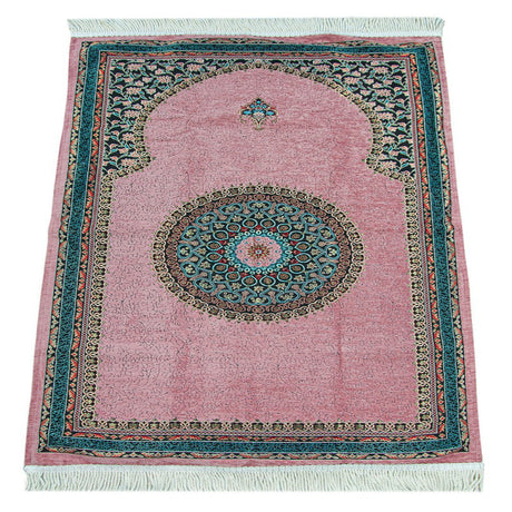 Pink Traditional Motif Knitted Fringed Mihrab Lined Chenille Prayer Rug - TryAladdin