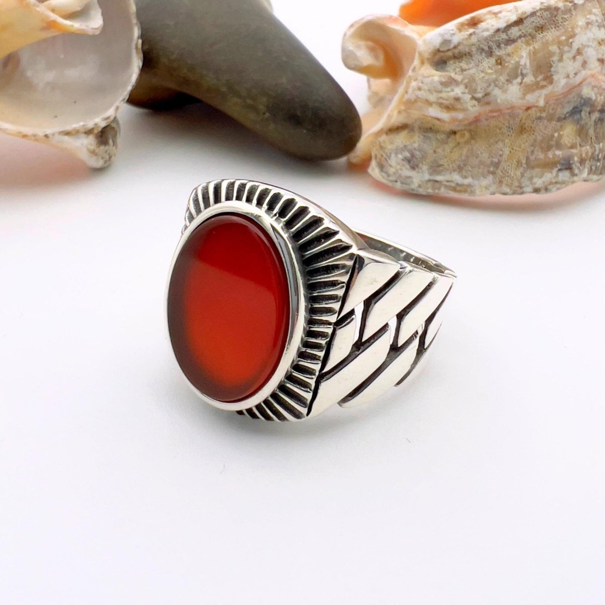 Red Oval Agate Stone Men's Silver Ring - TryAladdin