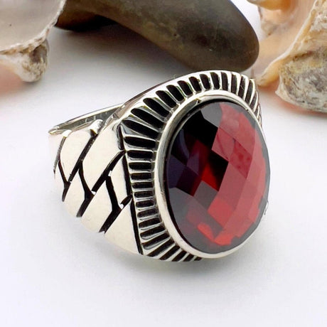 Red Oval Ruby Stone Men's Silver Ring - TryAladdin