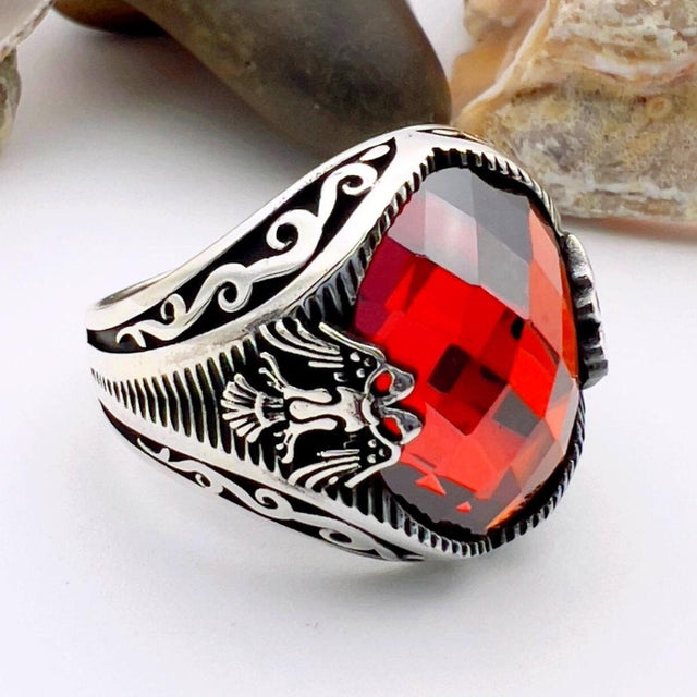 Red Zircon Double Headed Eagle Men's Ring - TryAladdin