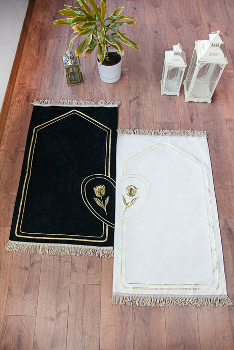 Rose Embroidered Unlined Soft Textured Chenille Prayer Rug Set with Hearts for Couples Cream Black - TryAladdin