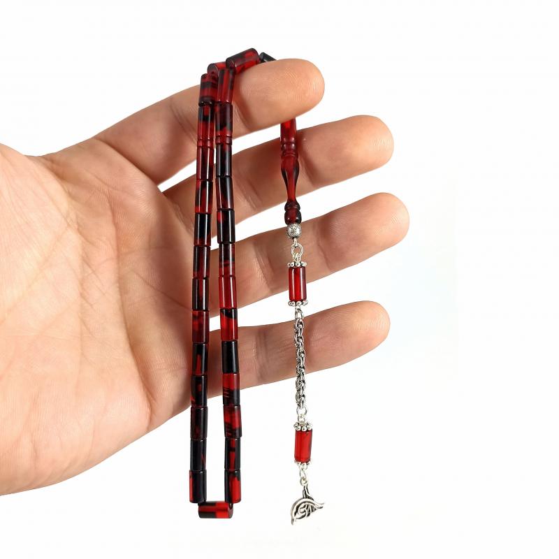 Selderesi | Red Black Fire Amber Tasbih with 925 Sterling Silver Tassel - TryAladdin