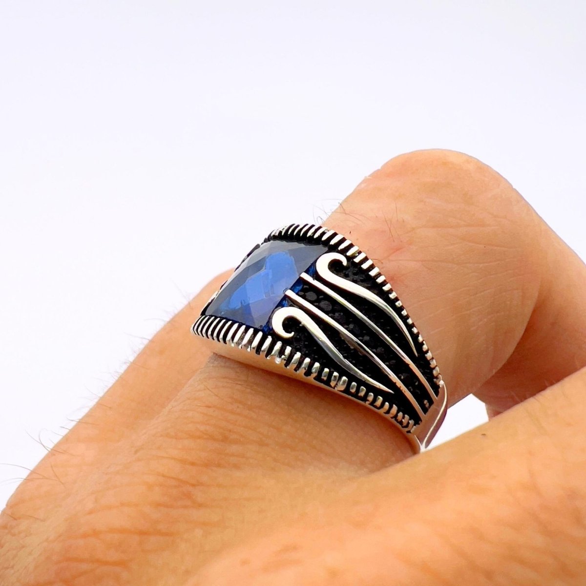 Square Blue Sapphire Silver Ring - TryAladdin