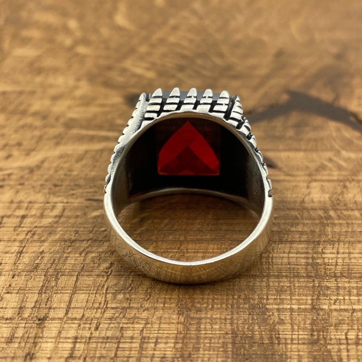 Sterling Silver 925 Handmade Red Zircon Men's Ring - TryAladdin