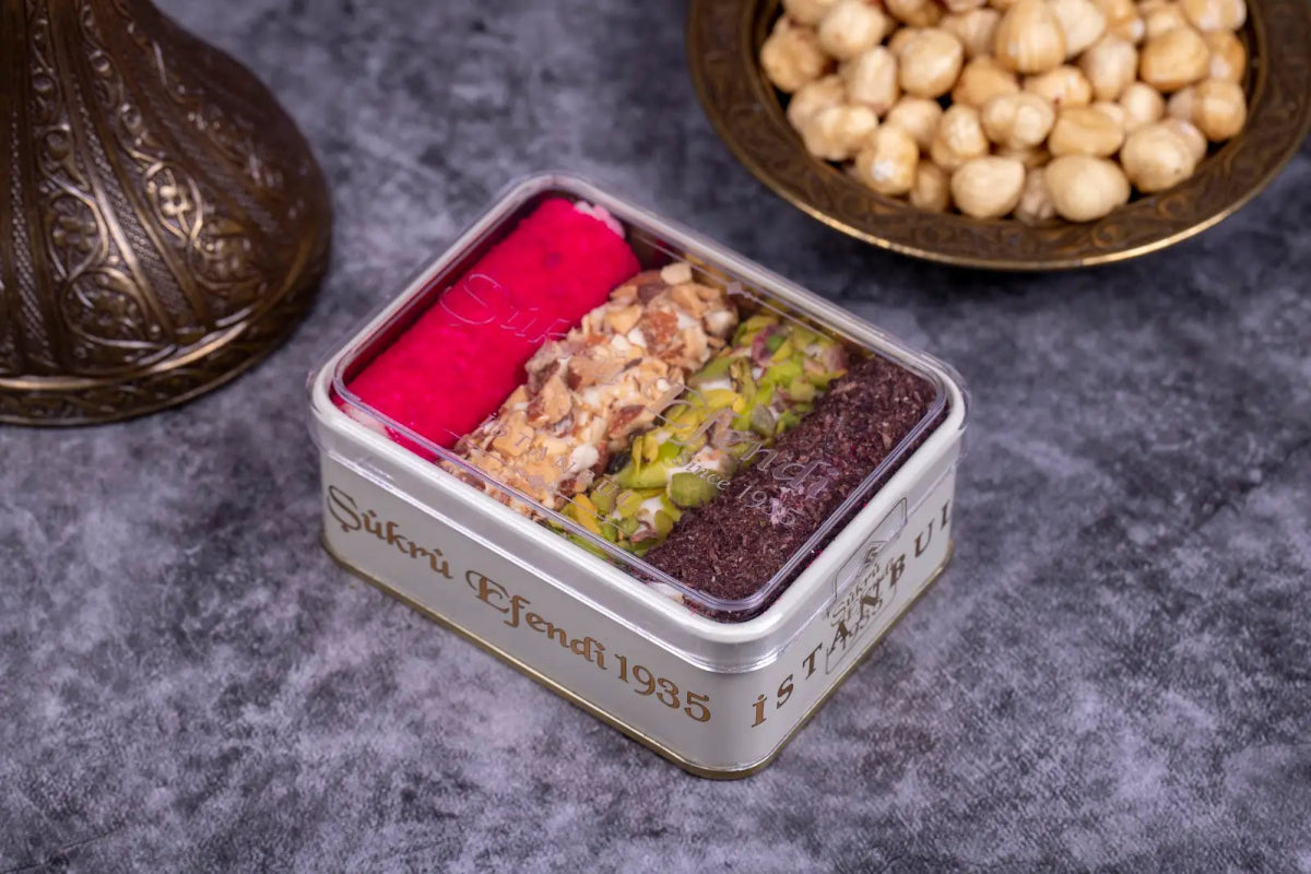 Sukru Efendi 1935 | Mix Turkish Delight Wraps with Pistachio and Hazelnut in Gift Metal Box - TryAladdin