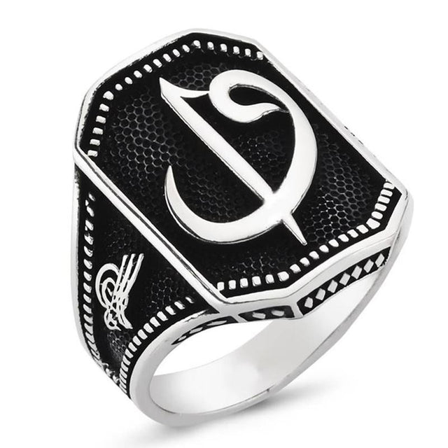 Taki | Ottomon Tughra Men's Silver Ring with Aleph and Waw Letters Without Stone - TryAladdin