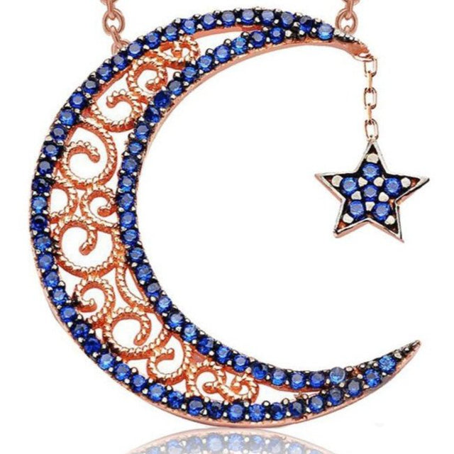 Taki | Silver Moon and Star Necklace Navy Blue Stone Valentine Gift - TryAladdin