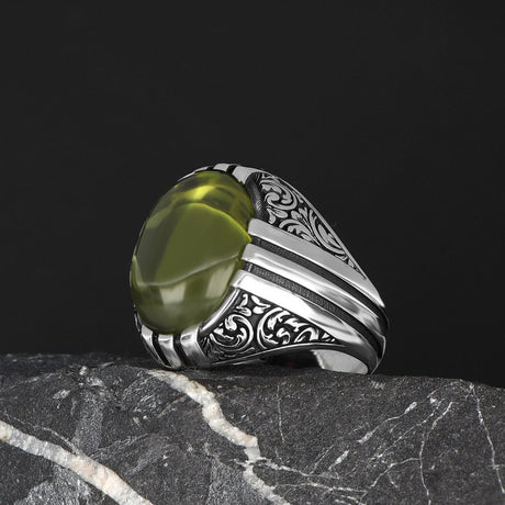 Tesbihevim | Patterned Model Peridot Stone Silver Ring for Men - TryAladdin