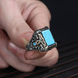 Tesbihevim | Patterned Model Turquoise Stone Silver Ring for Men - TryAladdin