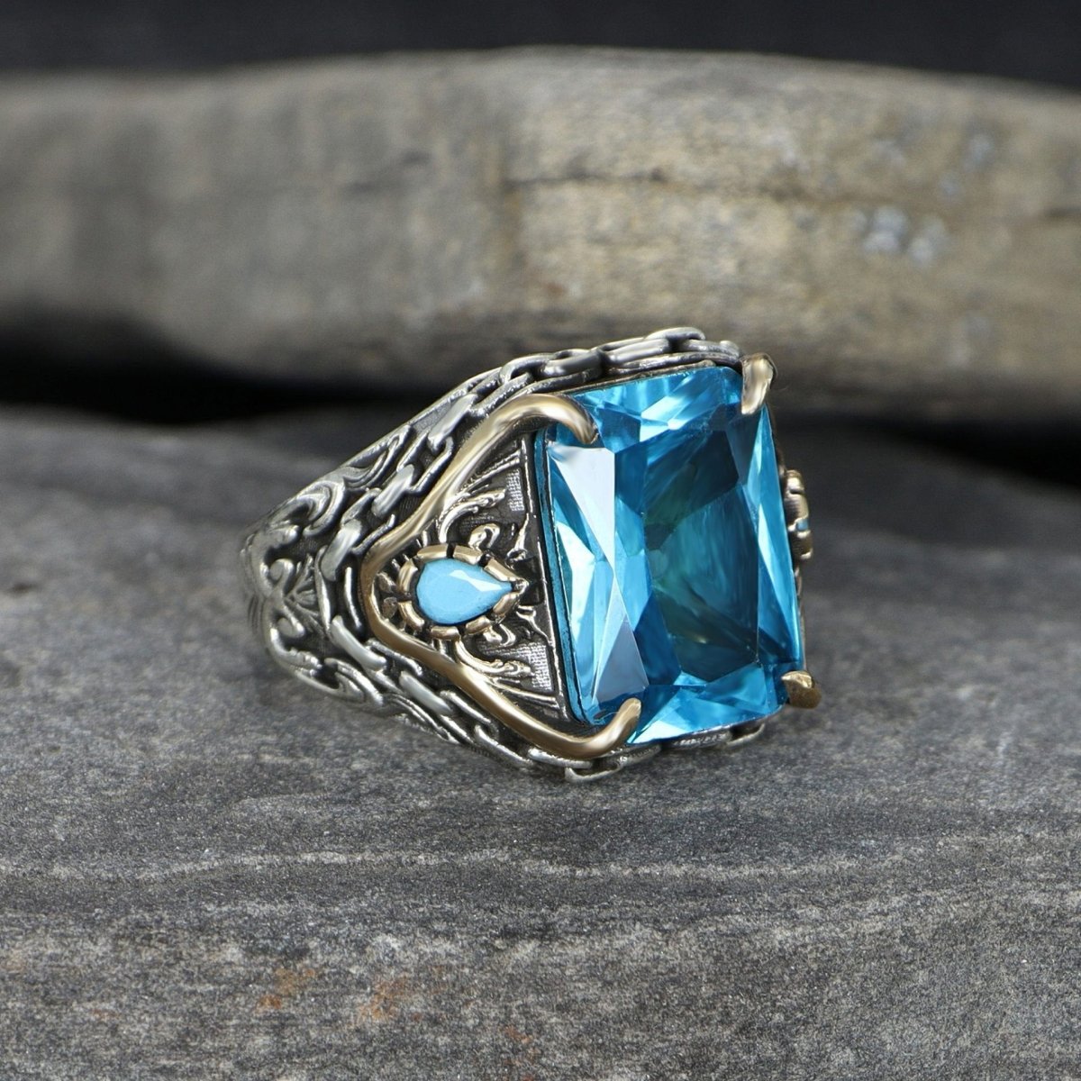 Tesbihevim | Silver Men's Ring with Chain Series Aqua Marin Stone - TryAladdin