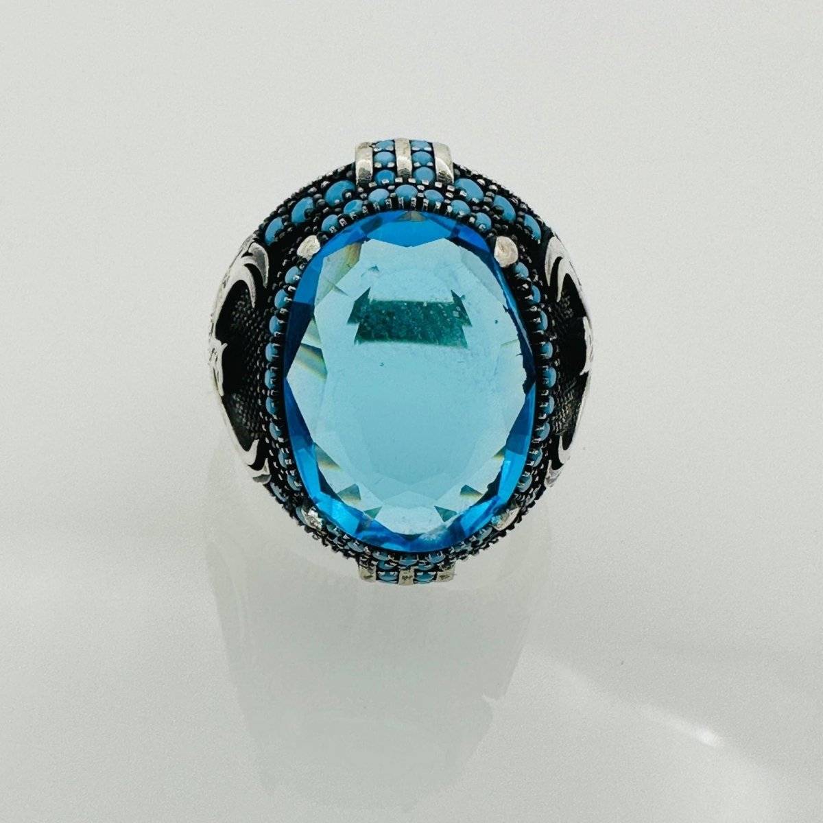 Turkish Handmade Men's Aquamarine Eagle Silver Ring - TryAladdin