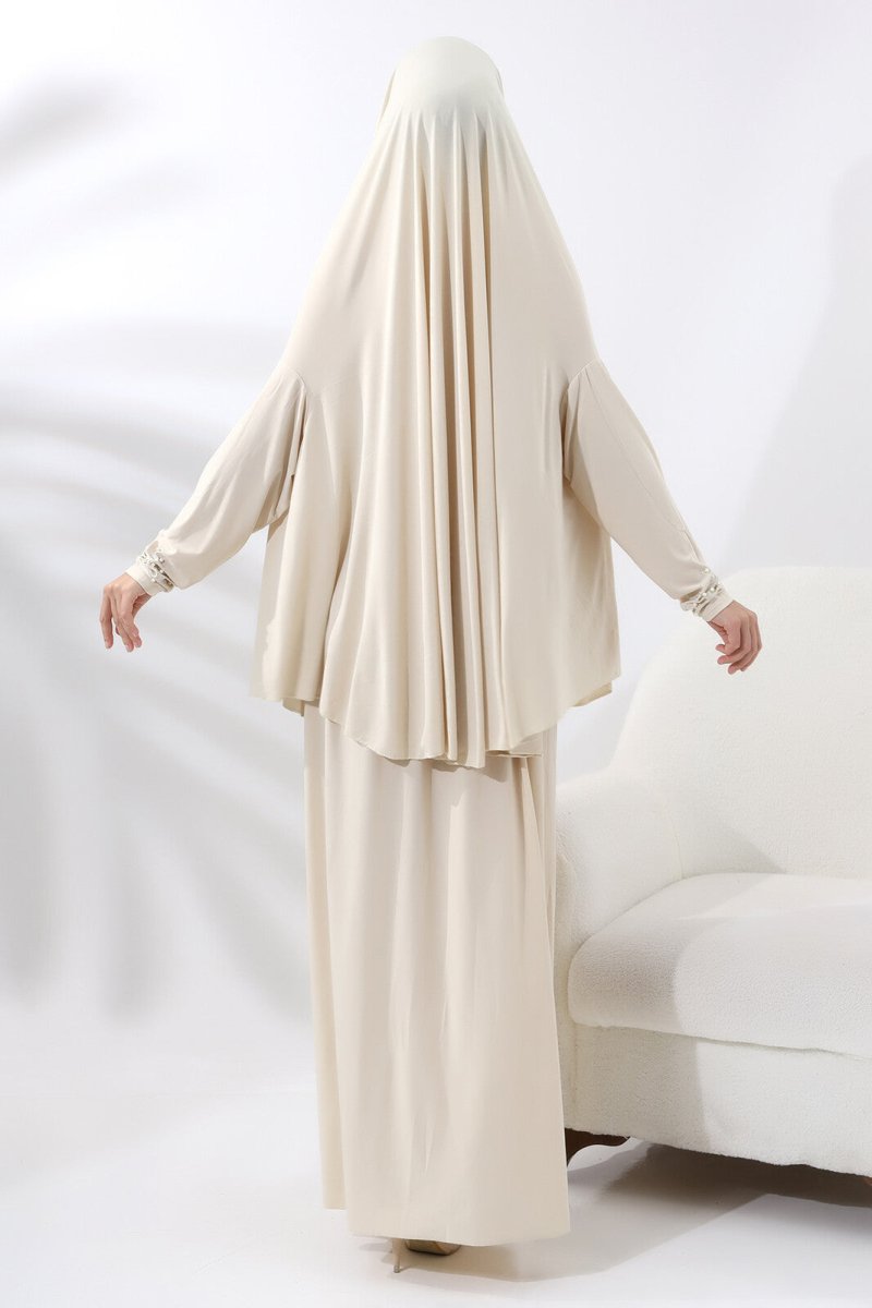 Two Piece Practical Prayer Dress with Pearls and Stones, Top and Bottom Cream - TryAladdin