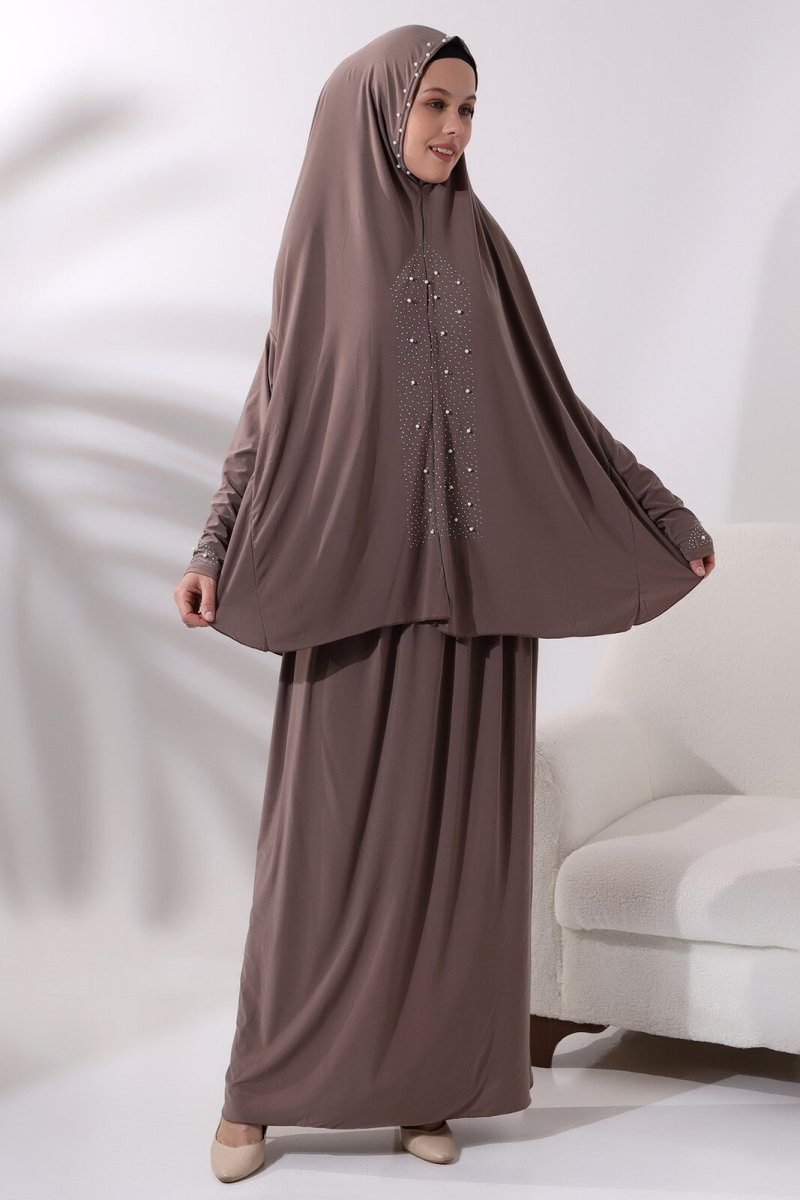 Two Piece Prayer Dress with Pearls and Stones, Bottom and Top, Milk Brown - TryAladdin