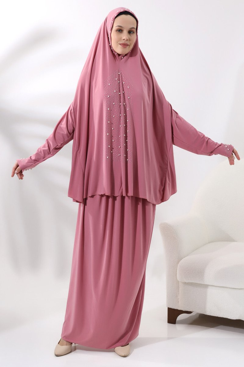 Two Piece Prayer Dress with Pearls and Stones, Top and Bottom Practical Dress Pink - TryAladdin