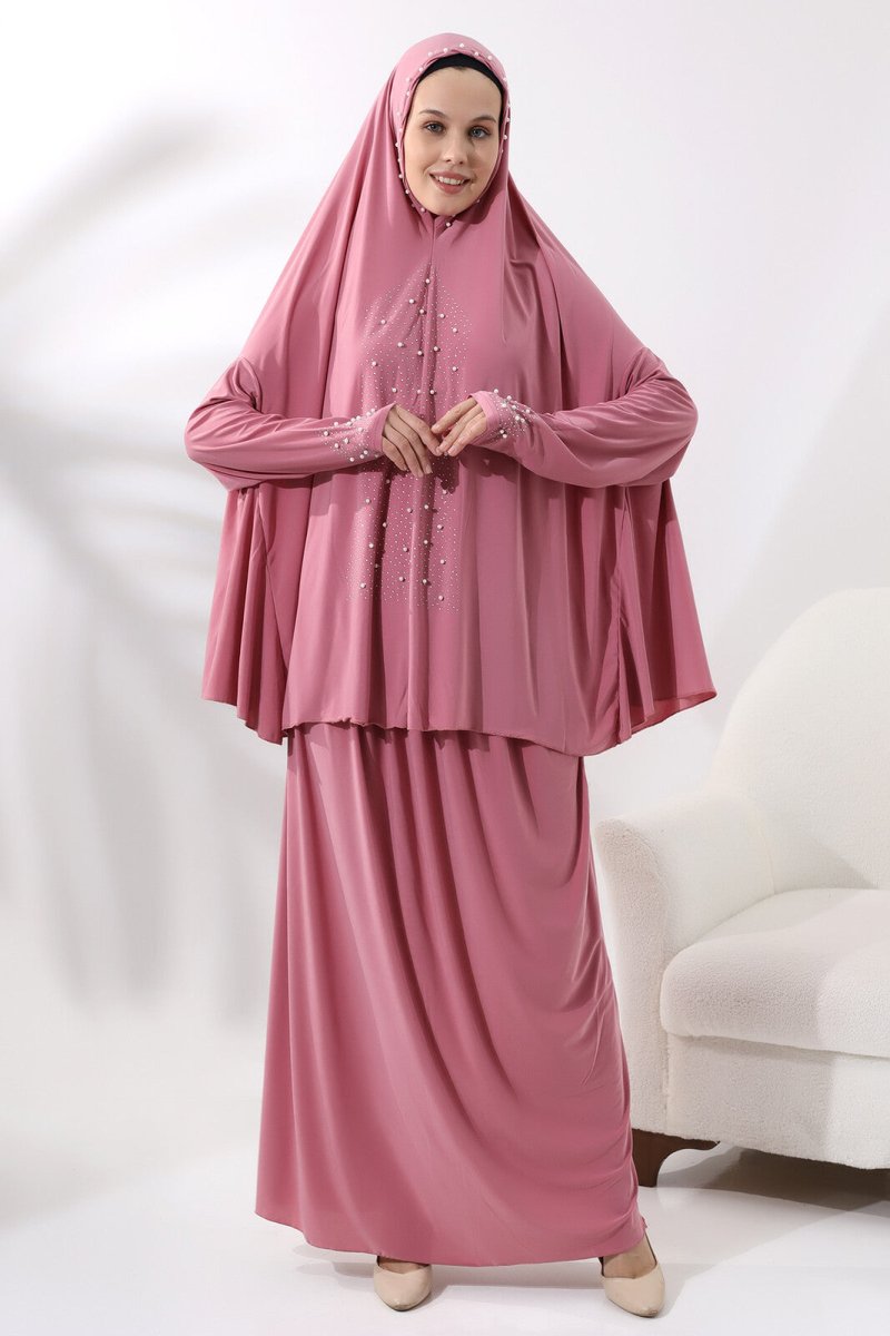 Two Piece Prayer Dress with Pearls and Stones, Top and Bottom Practical Dress Pink - TryAladdin