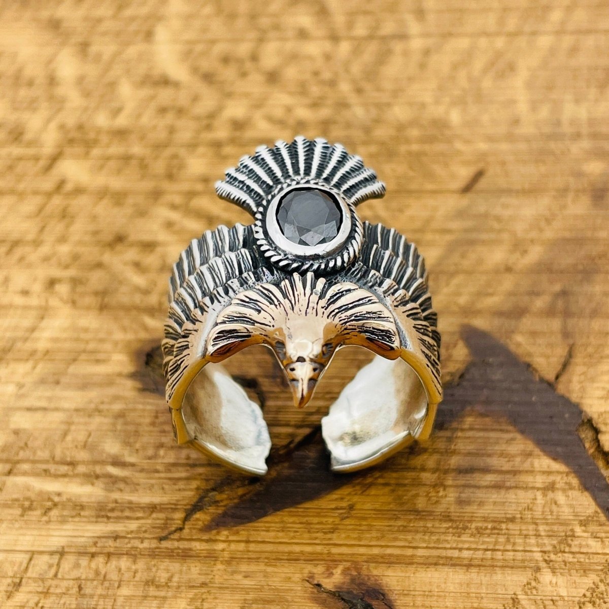 Unisex Adjustable Eagle Silver Ring with Black Onyx Stone - TryAladdin