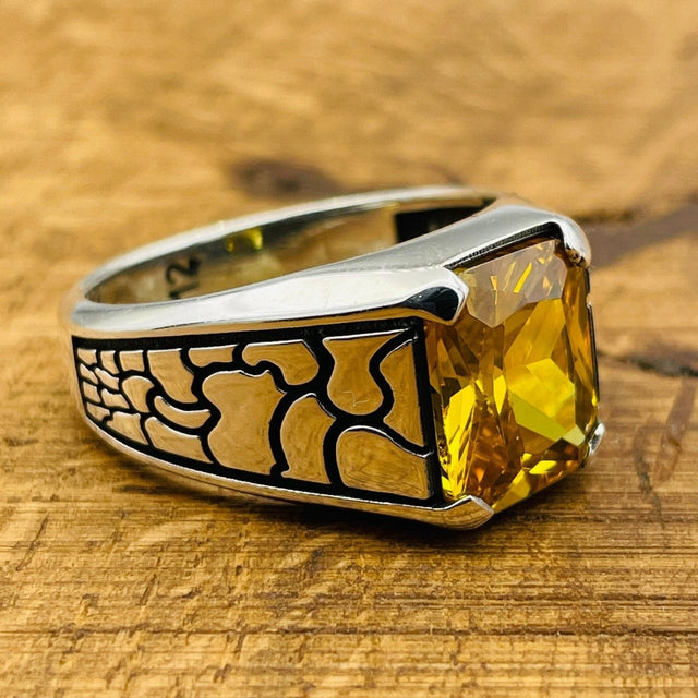 Yellow Citrine Stone Men's Silver Ring - TryAladdin