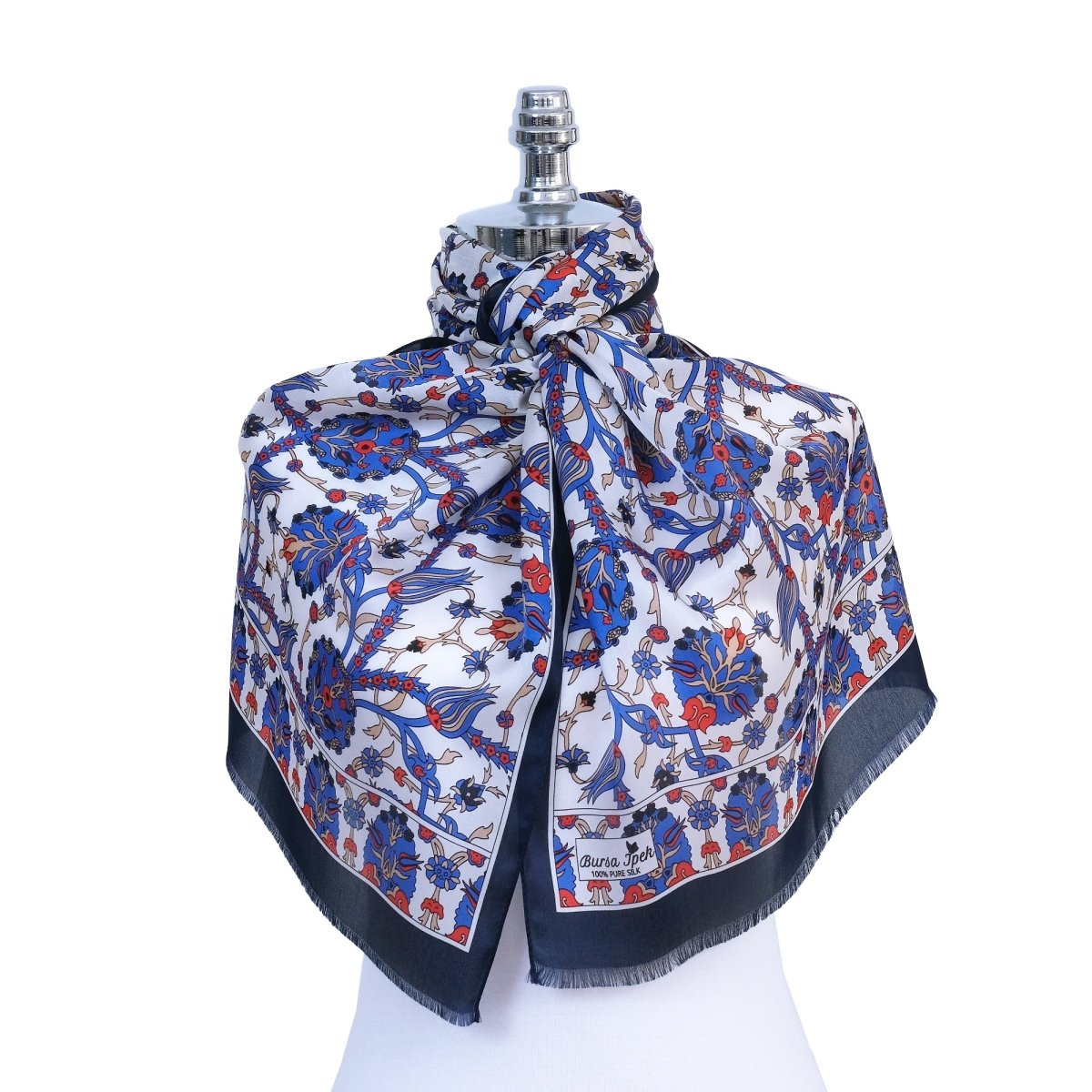 Lale Elegant Silk Scarf in Blue, Red & Cream - TryAladdin