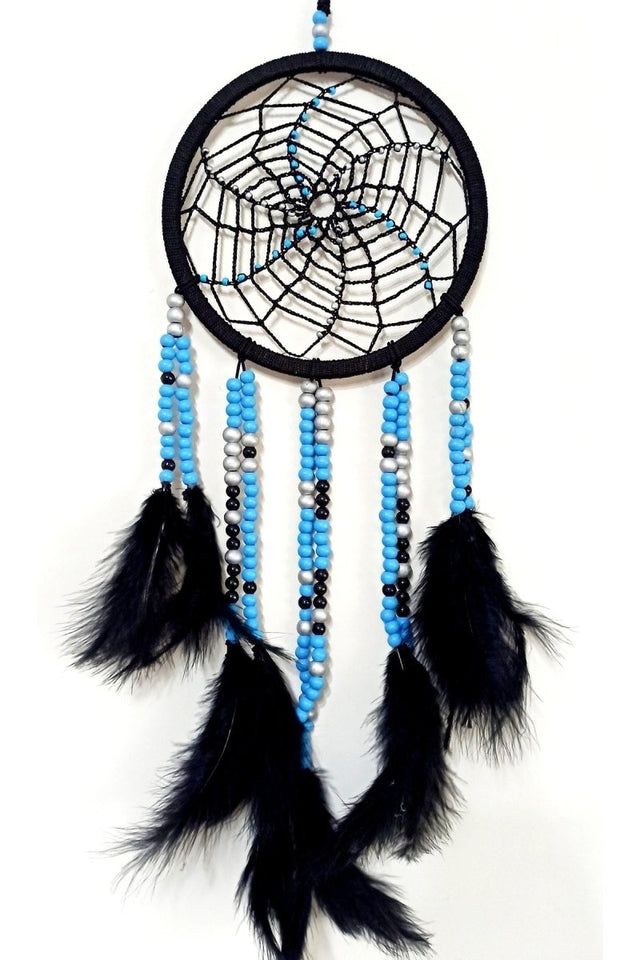 Black and Blue Beaded Bird Furry Black Dream Dream Catcher Wall Ornament - TryAladdin